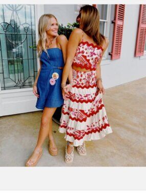 Caroline Constas Linen Blend 2 PC Skirt Crop Top Euro Set Ric Rac Trim NWT Large